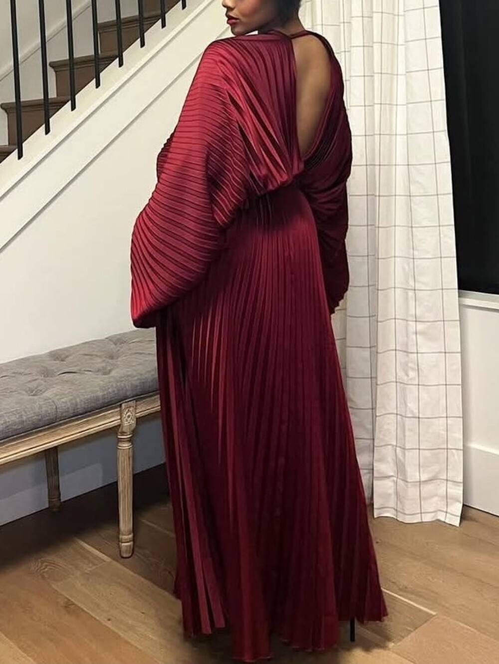 ACLER Red Pleated Wonastow Long Sleeve Draped Open Back Evening Maxi Dress - Picture 6 of 15